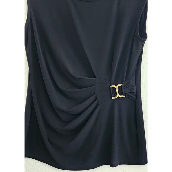 TOP/BLOUSE-CALVIN KLEIN-Black-Sleeveless-Front Gather-Gold Buckle-Size Petite SM - Picture 3 of 11